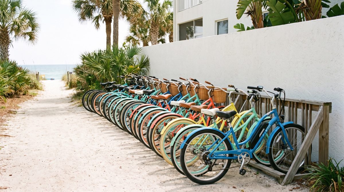 A row of assorted rental bikes ready to go