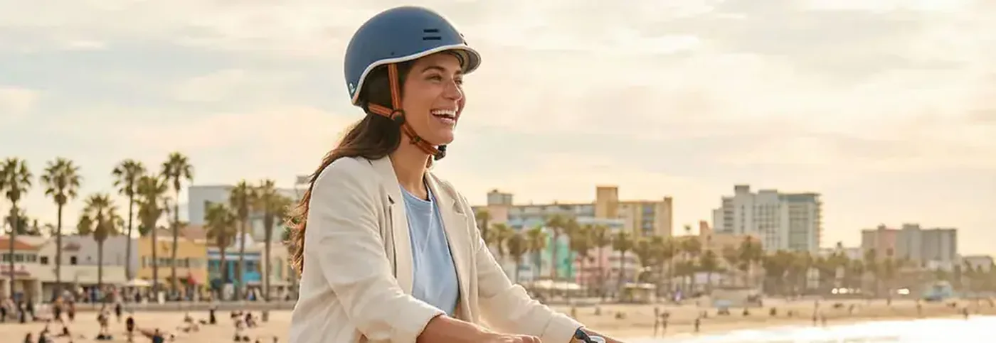 Riding a Retrospec beach cruiser along the boardwalk