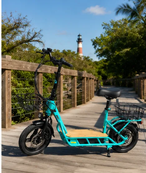 Electric scooter on a boardwalk near the Jupiter lighthouse