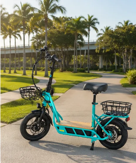 Electric scooter on a palm-lined park path