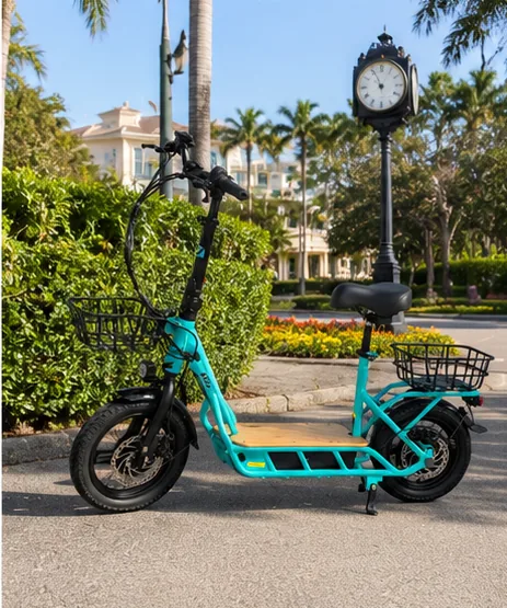 Electric scooter parked in a village plaza