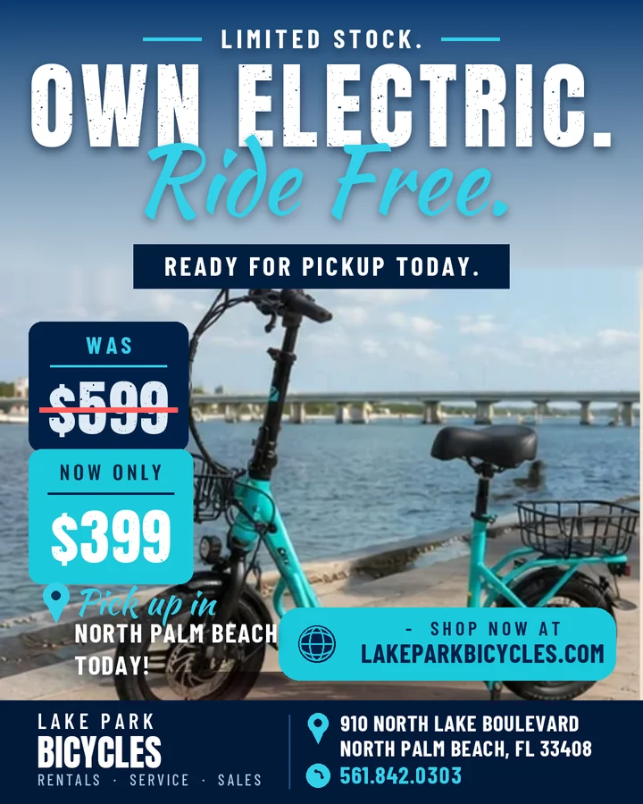Lake Park Bicycles sale: seated electric scooter, was $599, now $399 in the box, ready for pickup today in North Palm Beach