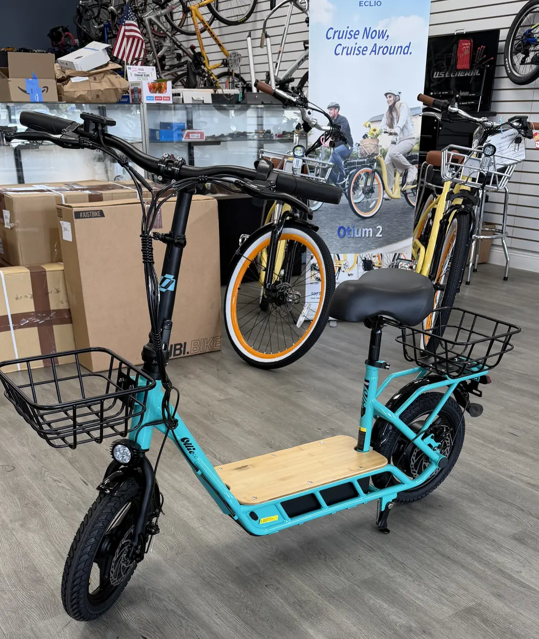Electric scooter front three-quarter view