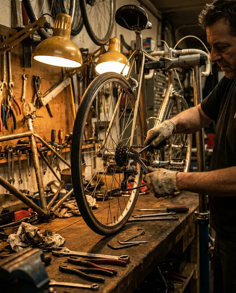 A mechanic servicing a bike in the Lake Park Bicycles workshop