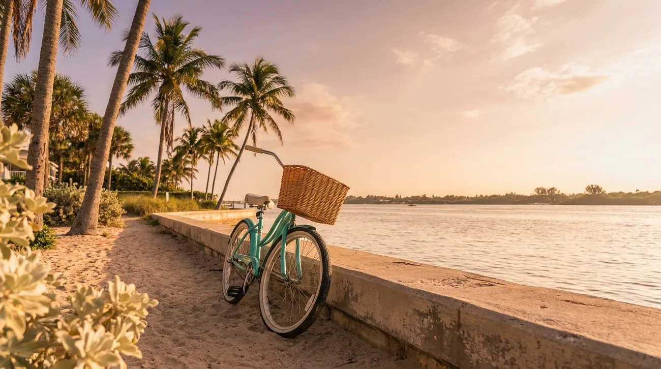 A teal beach cruiser resting by the Intracoastal at golden hour in North Palm Beach